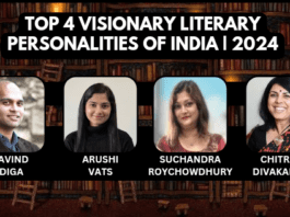 The top 4 visionary literary personalities of India in 2024 are Aravind Adiga, Arushi Vats, Suchandra Roychowdhury, and Chitra Banerjee Divakaruni.